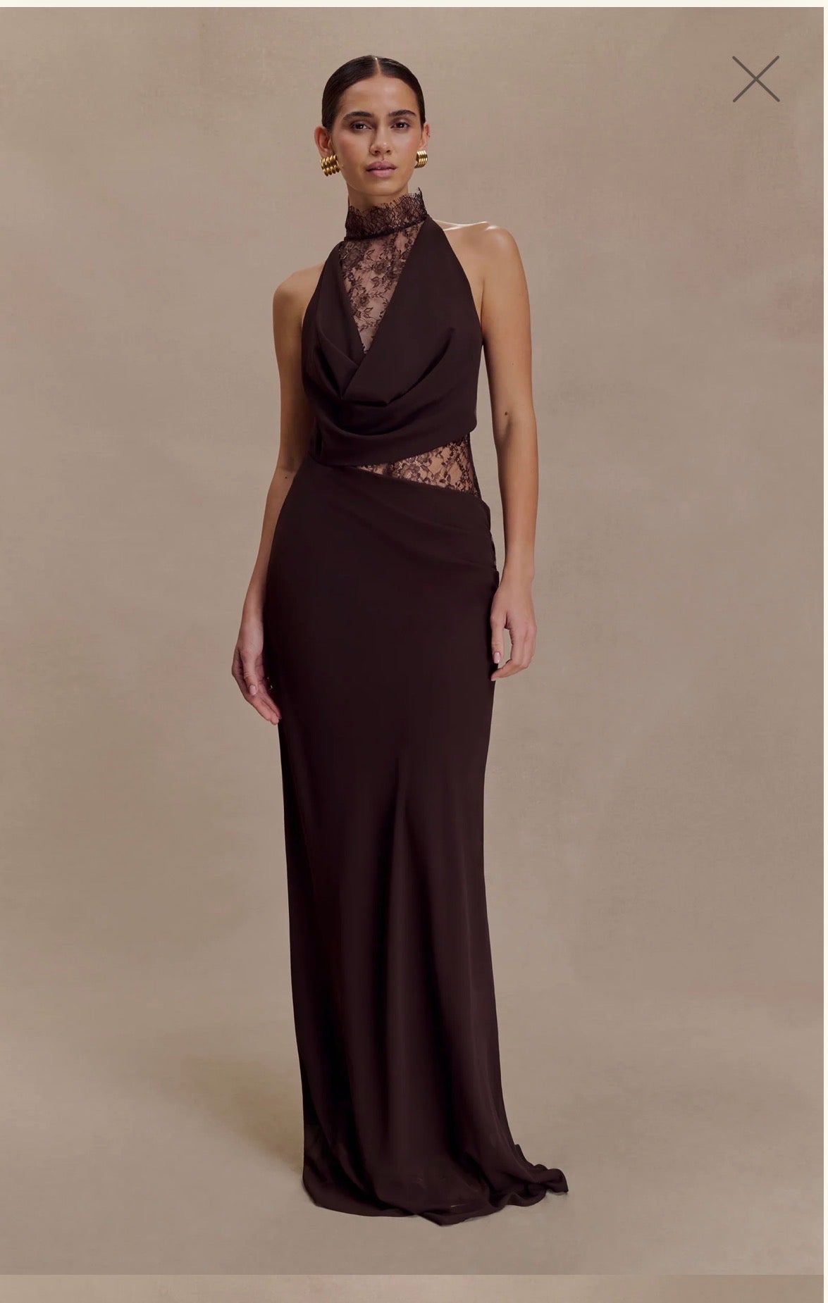 Arra maxi dress in cacao brown  by Meshki  available for hire in Tanilba bay , NSW