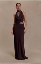 Arra maxi dress in cacao brown  by Meshki  available for hire in Tanilba bay , NSW