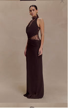 Arra maxi dress in cacao brown  by Meshki  available for hire in Tanilba bay , NSW