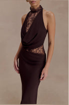 Arra maxi dress in cacao brown  by Meshki  available for hire in Tanilba bay , NSW