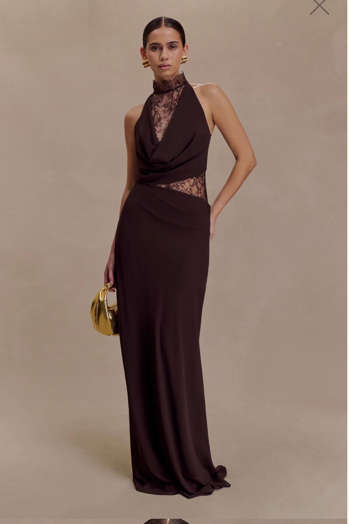 Arra maxi dress in cacao brown  by Meshki  available for hire in Tanilba bay , NSW