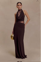 Arra maxi dress in cacao brown  by Meshki  available for hire in Tanilba bay , NSW