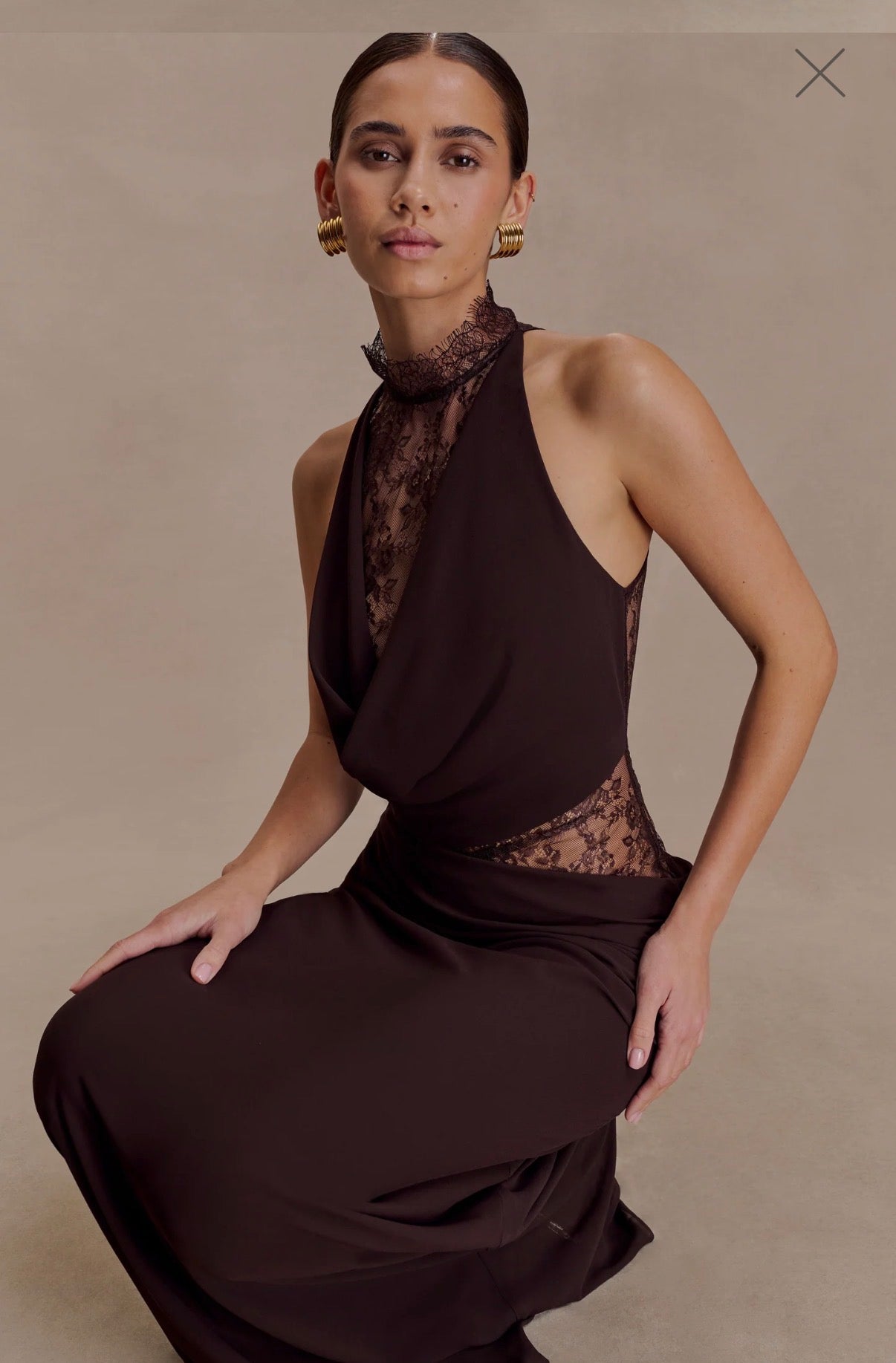 Arra maxi dress in cacao brown  by Meshki  available for hire in Tanilba bay , NSW