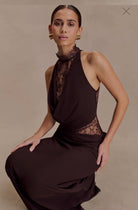 Arra maxi dress in cacao brown  by Meshki  available for hire in Tanilba bay , NSW