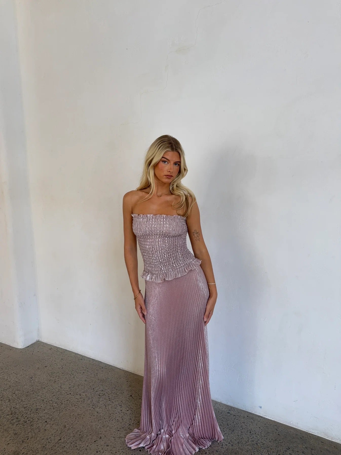 Maya Gown in Dusty Shimmer by L'idee available for hire in Gold Coast, QLD
