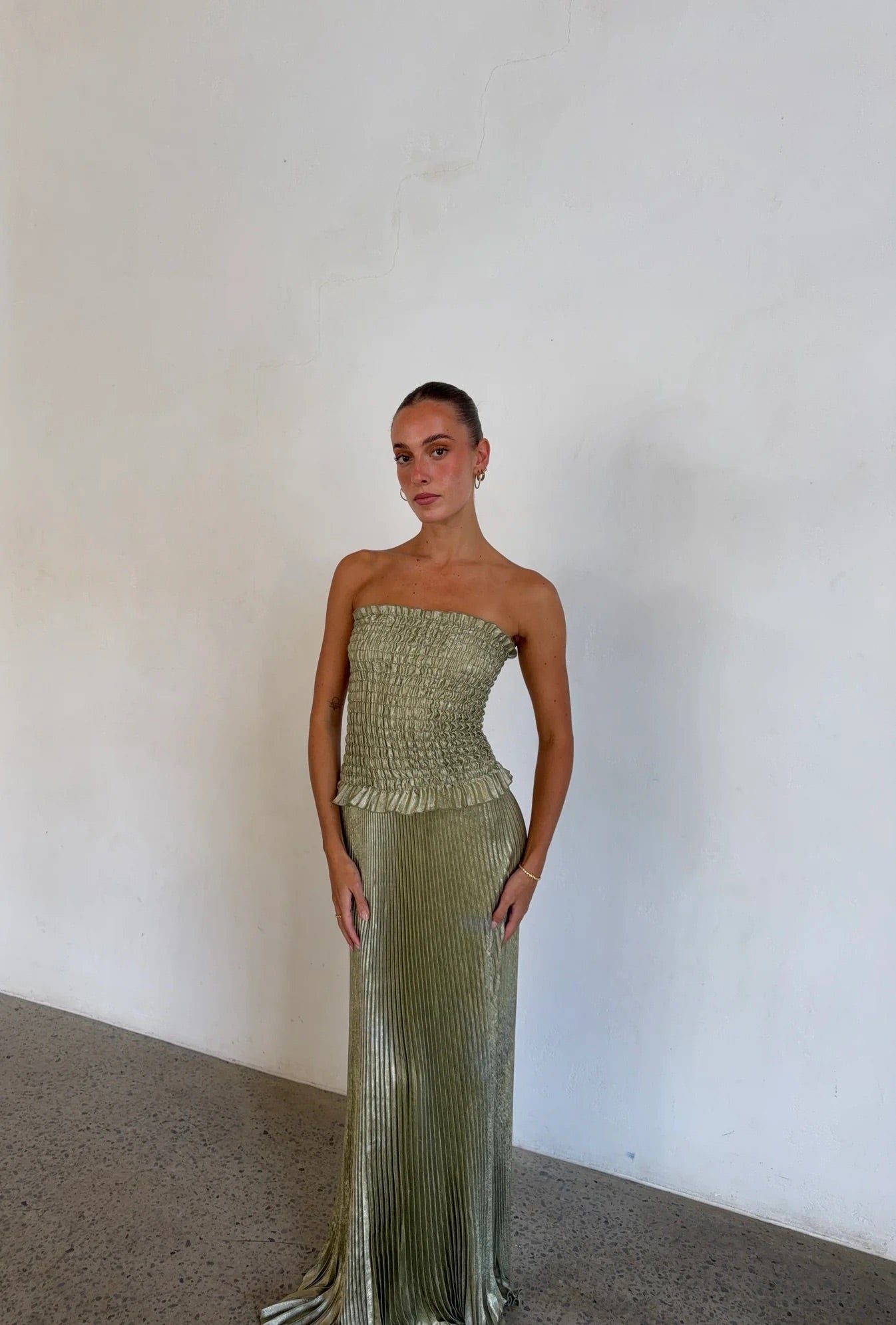 Maya Gown in Sage Shimmer by L'idee available for hire in Gold Coast, QLD