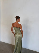 Maya Gown in Sage Shimmer by L'idee available for hire in Gold Coast, QLD