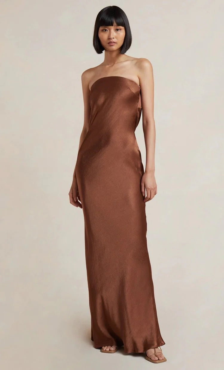 Moon Dance Strapless Dress in Chocolate by Bec & Bridge available for hire in Gold Coast, QLD