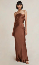 Moon Dance Strapless Dress in Chocolate by Bec & Bridge available for hire in Gold Coast, QLD