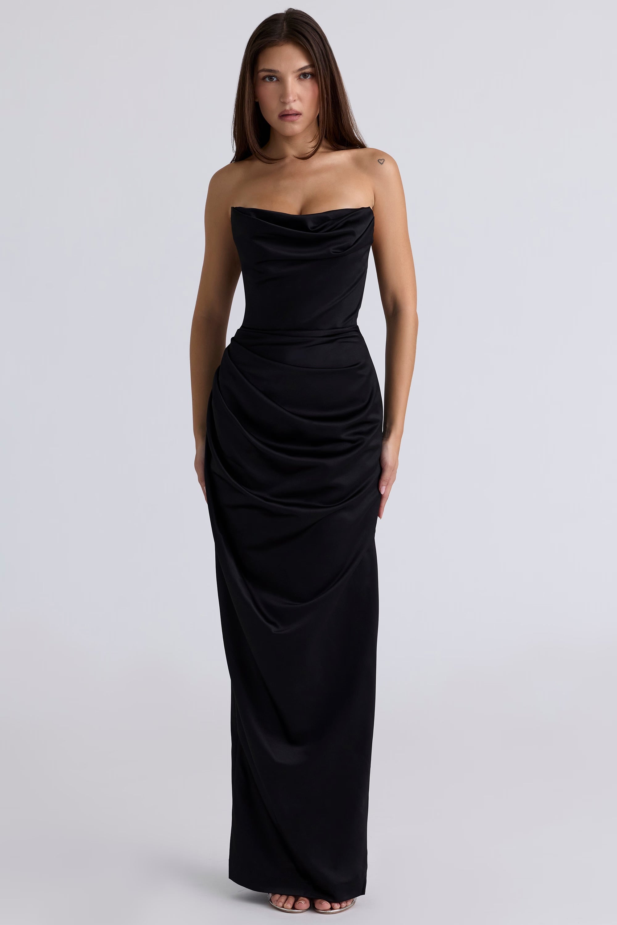 ADRIENNE Black Satin Strapless Corset Max by House of CB available for hire in Australia