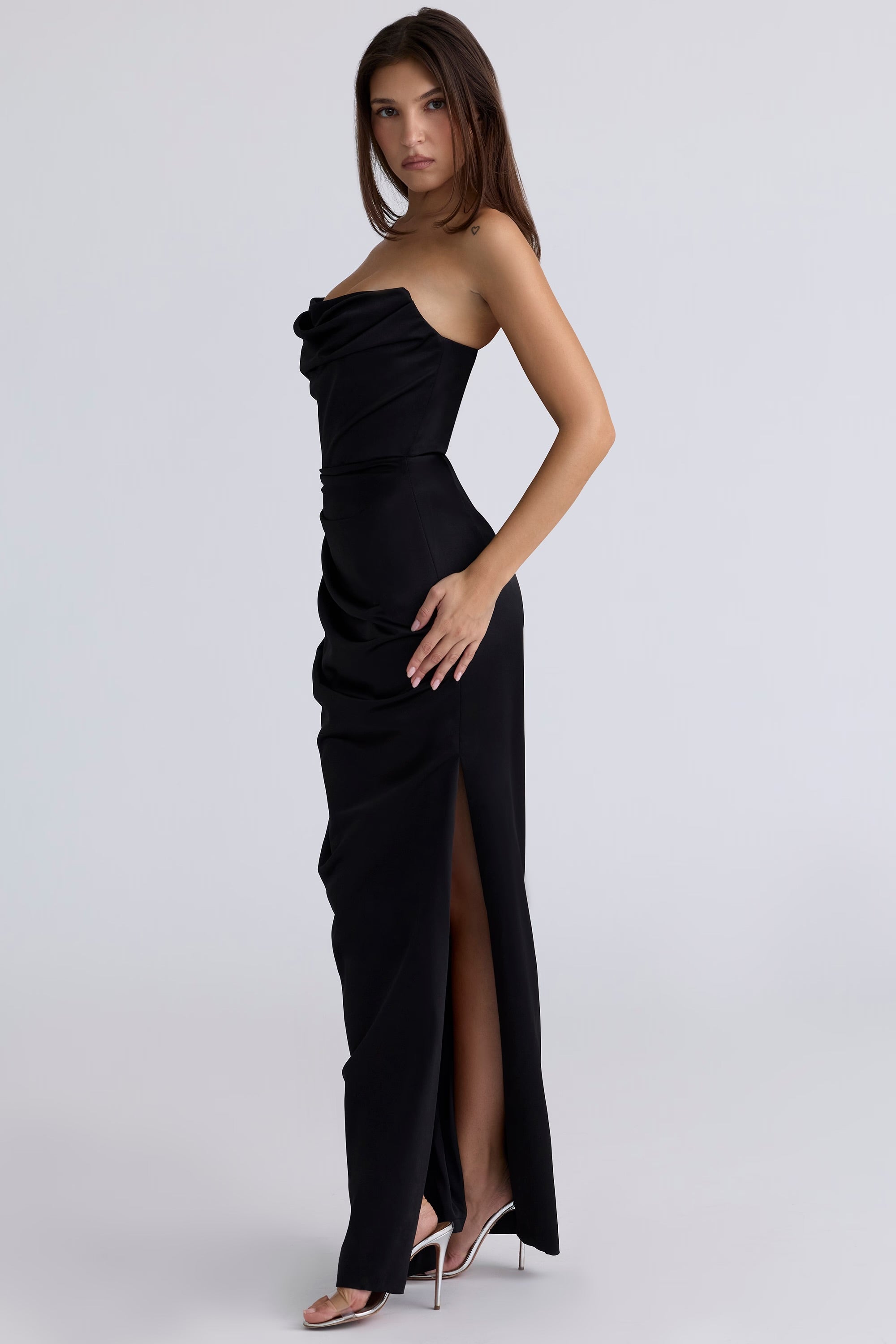 ADRIENNE Black Satin Strapless Corset Max by House of CB available for hire in Australia