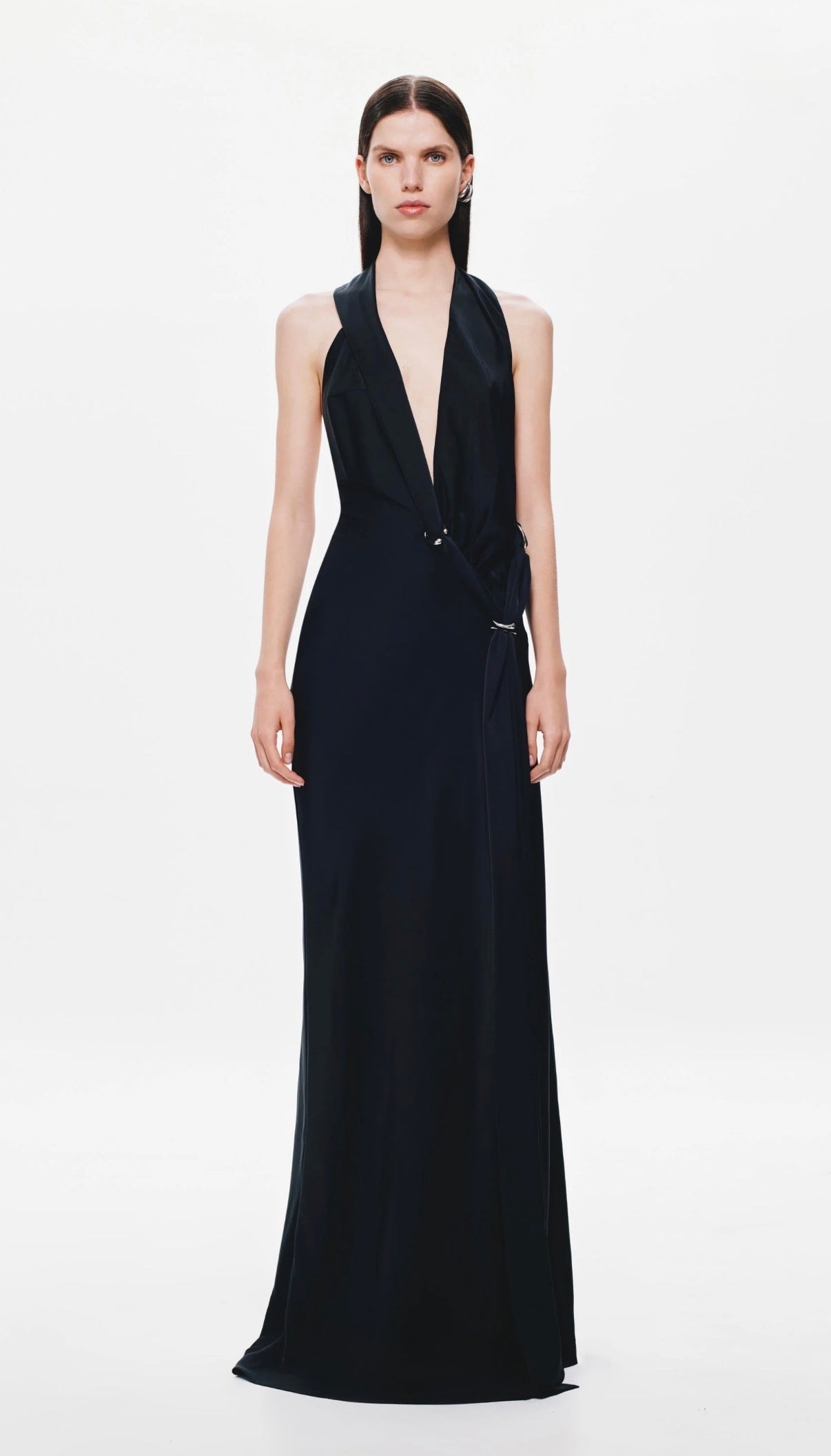 Harlow Satin Dress in Black by Misha available for hire in Sydney, NSW