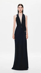 Harlow Satin Dress in Black by Misha available for hire in Sydney, NSW