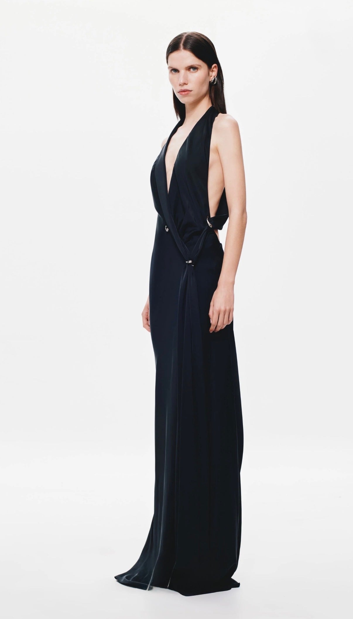 Harlow Satin Dress in Black by Misha available for hire in Sydney, NSW