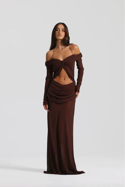Emily Gown Espresso by Natalie Rolt available for hire in Australia