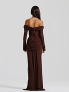 Emily Gown Espresso by Natalie Rolt available for hire in Australia