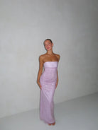 Lainey Purple Satin Sequin Pearls Beaded Maxi Dress by Miss Circle available for hire in Gold Coast, QLD
