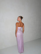 Lainey Purple Satin Sequin Pearls Beaded Maxi Dress by Miss Circle available for hire in Gold Coast, QLD