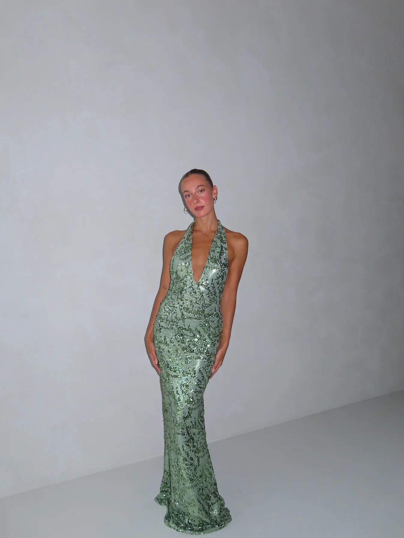 Liana Dress in Seafoam Sequin by Fait Par Foutch available for hire in Gold Coast, QLD