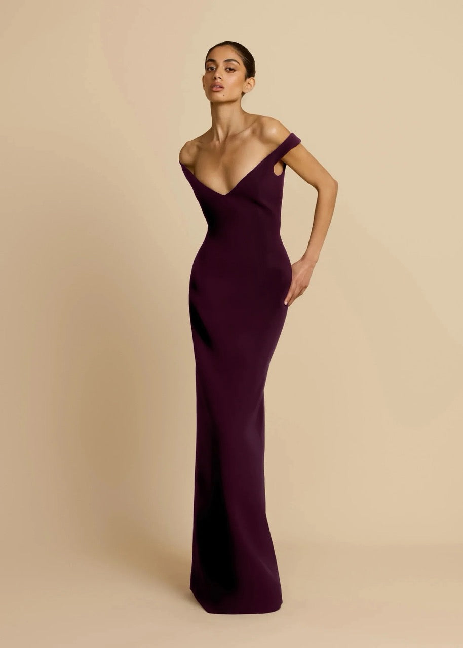 ELLERY DRESS PLUM  by Arcina Ori available for hire in Ivanhoe, VIC
