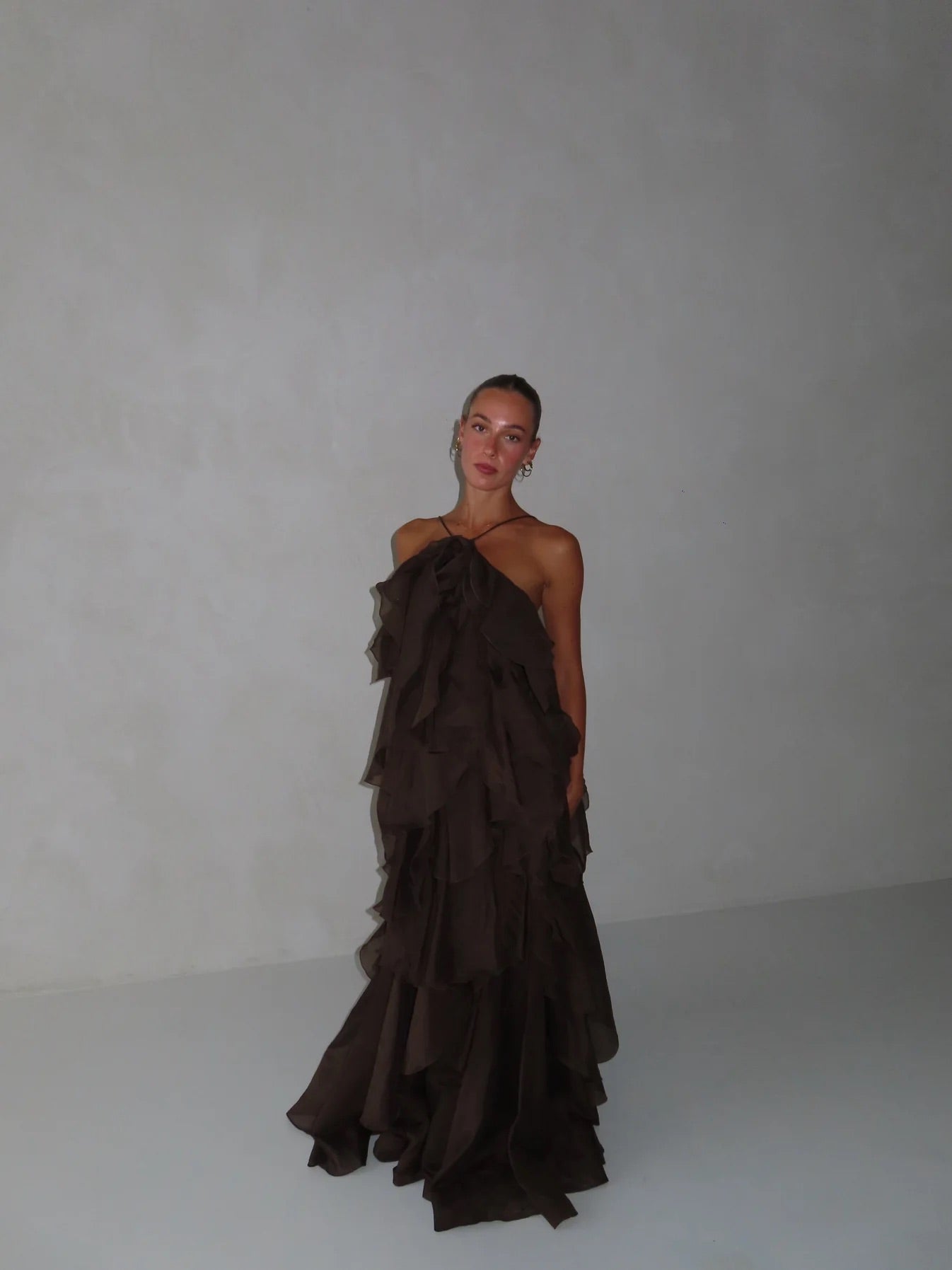 Pandorea Layered Maxi Dress In Brown by Aje available for hire in Gold Coast, QLD