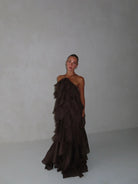Pandorea Layered Maxi Dress In Brown by Aje available for hire in Gold Coast, QLD