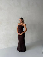 Sloane Dress in Brown by Natalie Rolt available for hire in Gold Coast, QLD