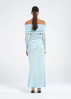 Yasmin Off Shoulder Dress in Baby Blue by Benni available for hire in Gold Coast, QLD