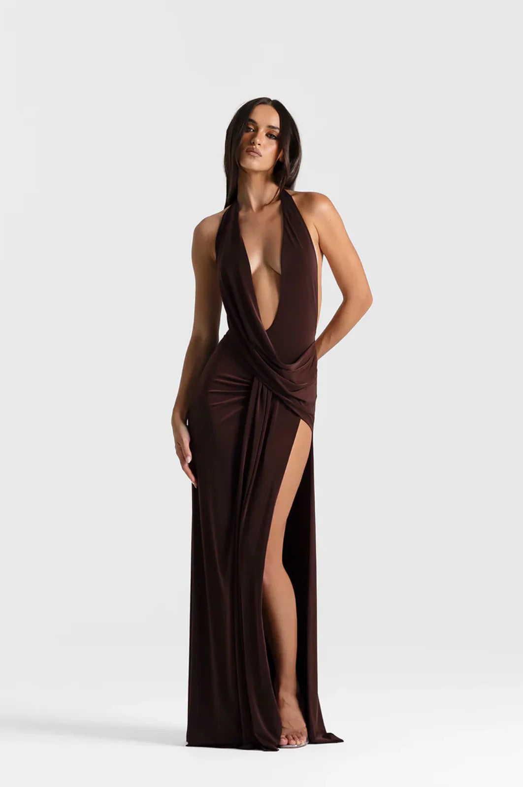 Winona Gown in Espresso by Natalie Rolt available for hire in Gold Coast, QLD