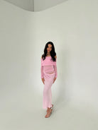 Yasmin Off Shoulder Dress in Baby Pink by Benni available for hire in Gold Coast, QLD