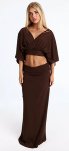 Ivy Mae myla top and Delilah maxi skirt  by Ivy Mae collection  available for hire in Tanilba bay , NSW