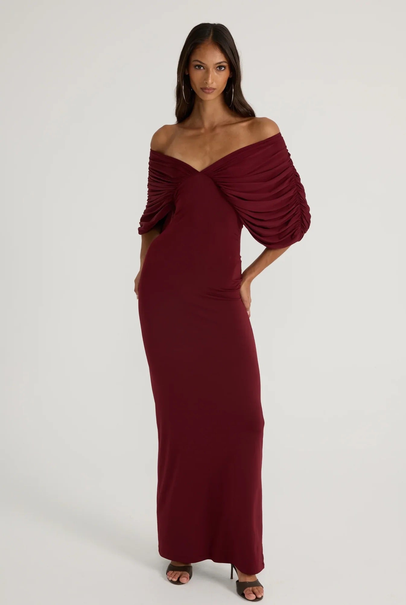 Neve Dress in Burgundy by Ance Gria available for hire in Gold Coast, QLD