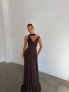 Aurelia Gown in Brown by OXA Couture available for hire in Gold Coast, QLD