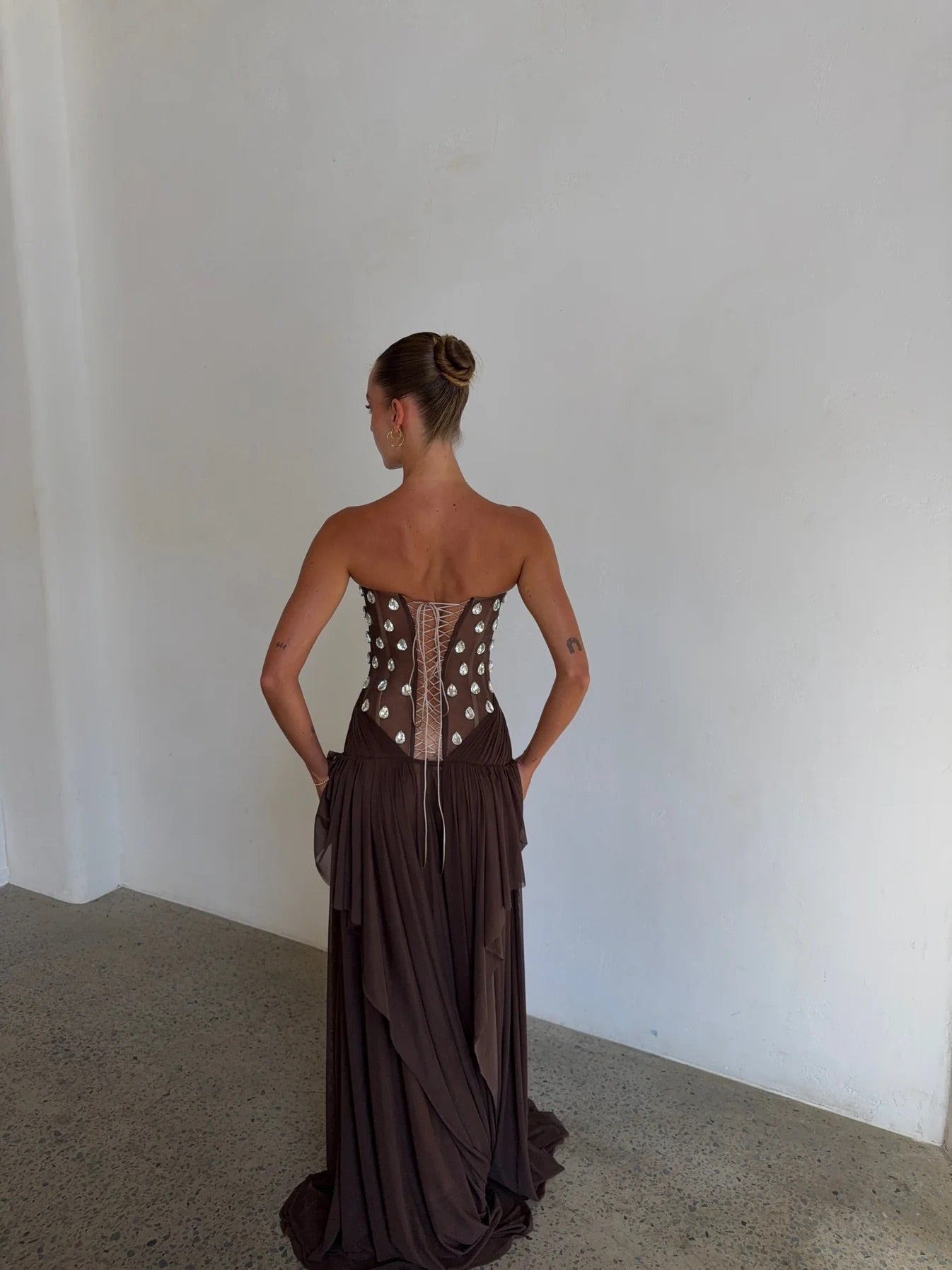 Aurelia Gown in Brown by OXA Couture available for hire in Gold Coast, QLD