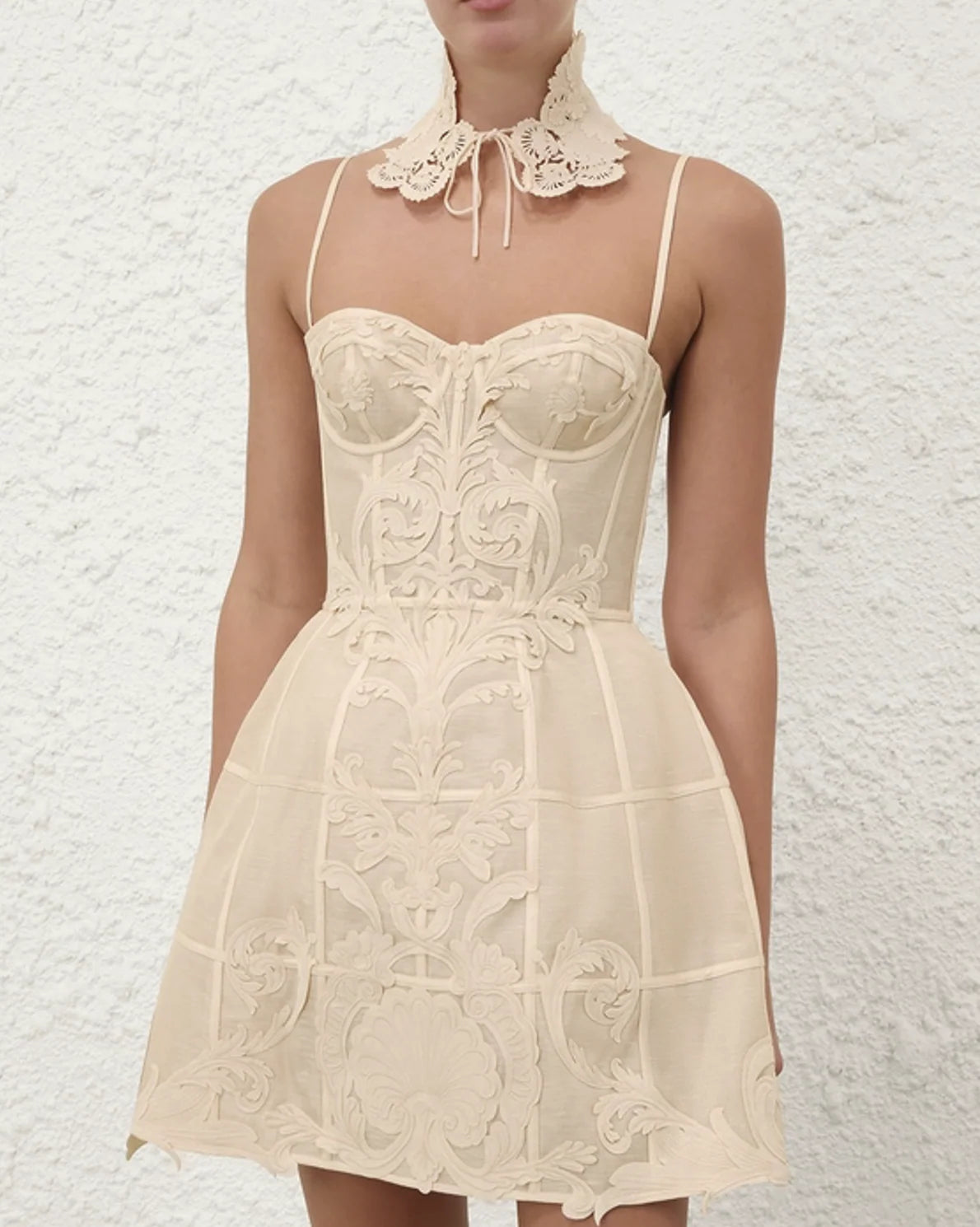 Rebellion Filigree Mini Dress in Cream by Zimmermann available for hire in Australia