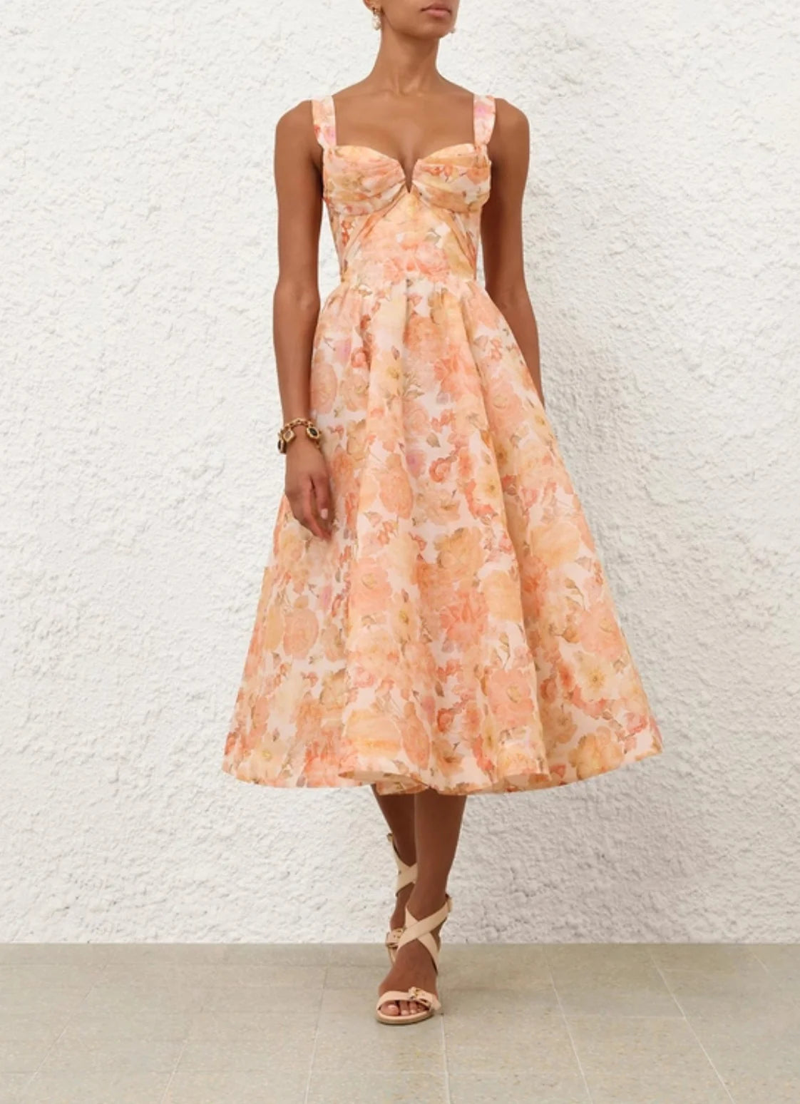 Rebellion Drape Midi Dress in Golden Bloom by Zimmermann available for hire in Australia