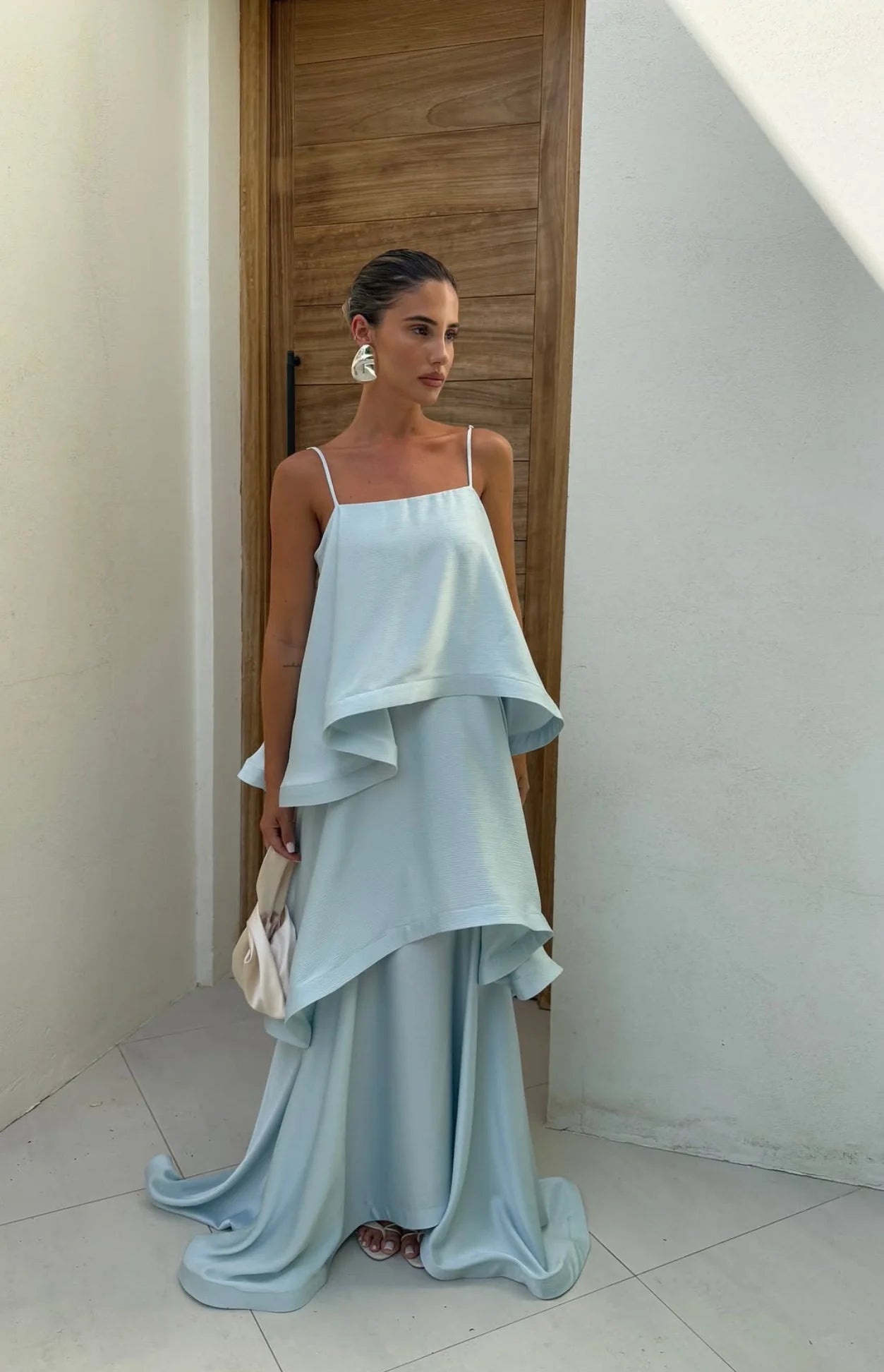 Tilly Tiered Maxi Dress Pale Blue by Elliot available for hire in Camp Hill, QLD