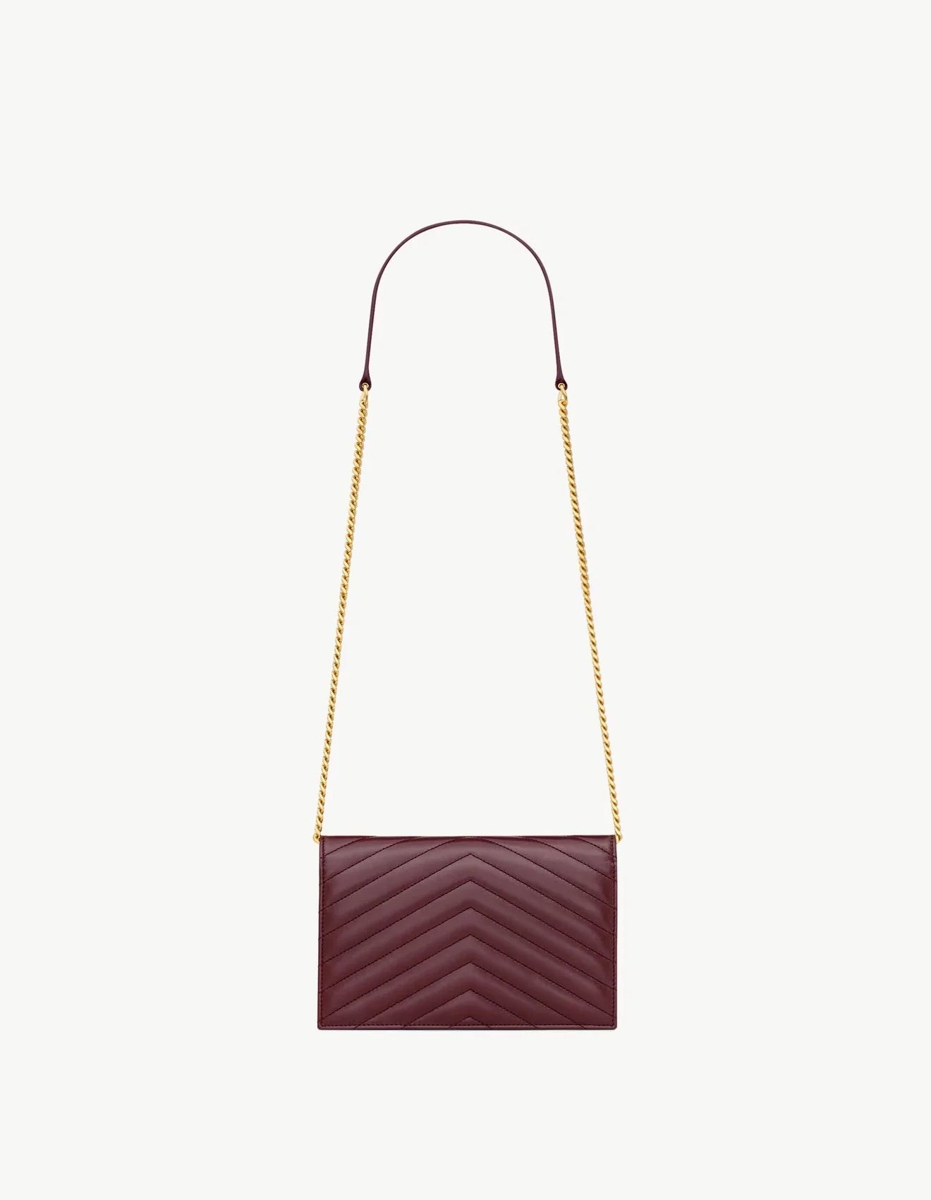 Cassandre Envelope Chain Wallet in Lambskin Rouge Cabernet by YSL available for hire in Camp Hill, QLD