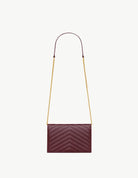 Cassandre Envelope Chain Wallet in Lambskin Rouge Cabernet by YSL available for hire in Camp Hill, QLD