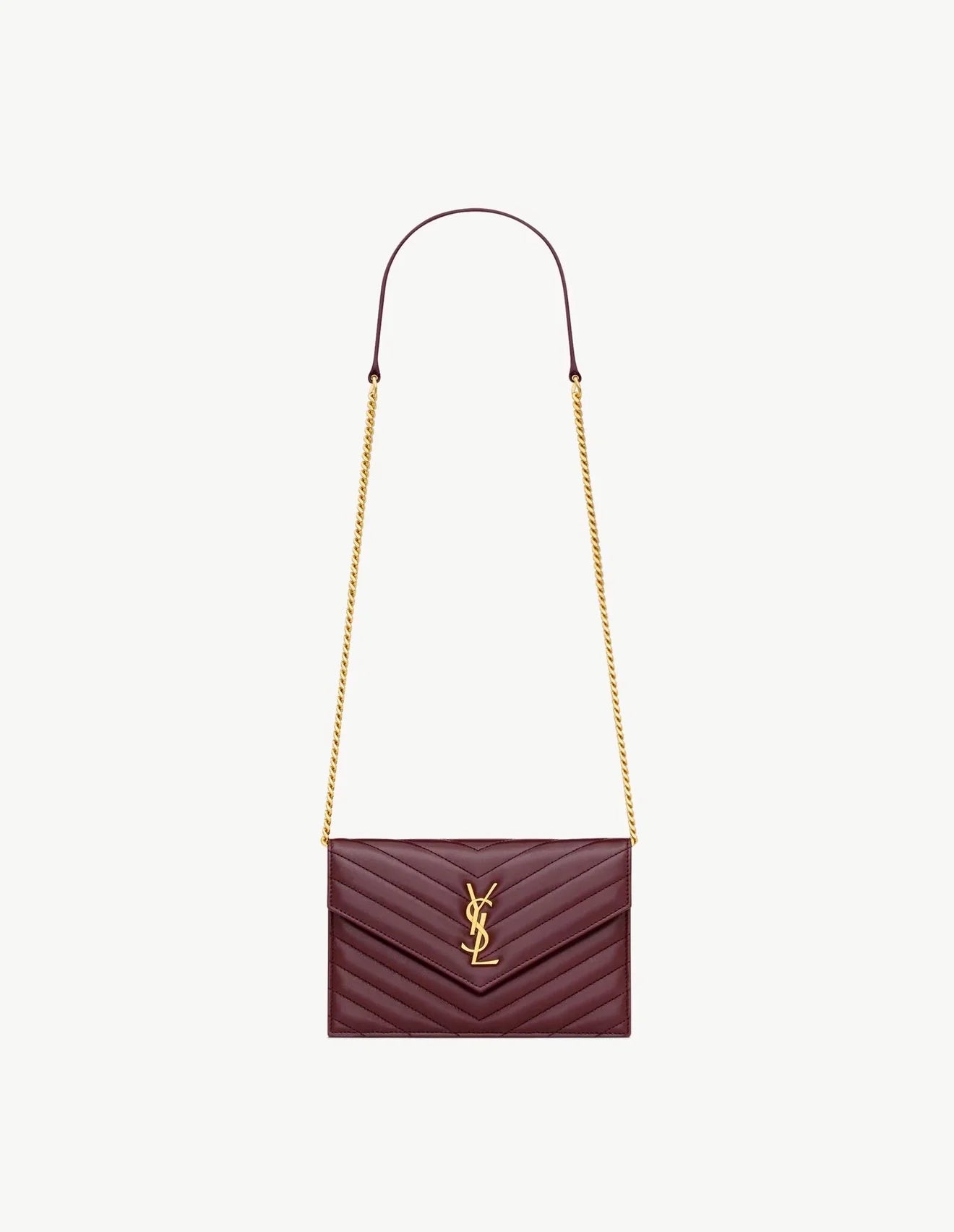 Cassandre Envelope Chain Wallet in Lambskin Rouge Cabernet by YSL available for hire in Camp Hill, QLD
