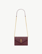 Cassandre Envelope Chain Wallet in Lambskin Rouge Cabernet by YSL available for hire in Camp Hill, QLD