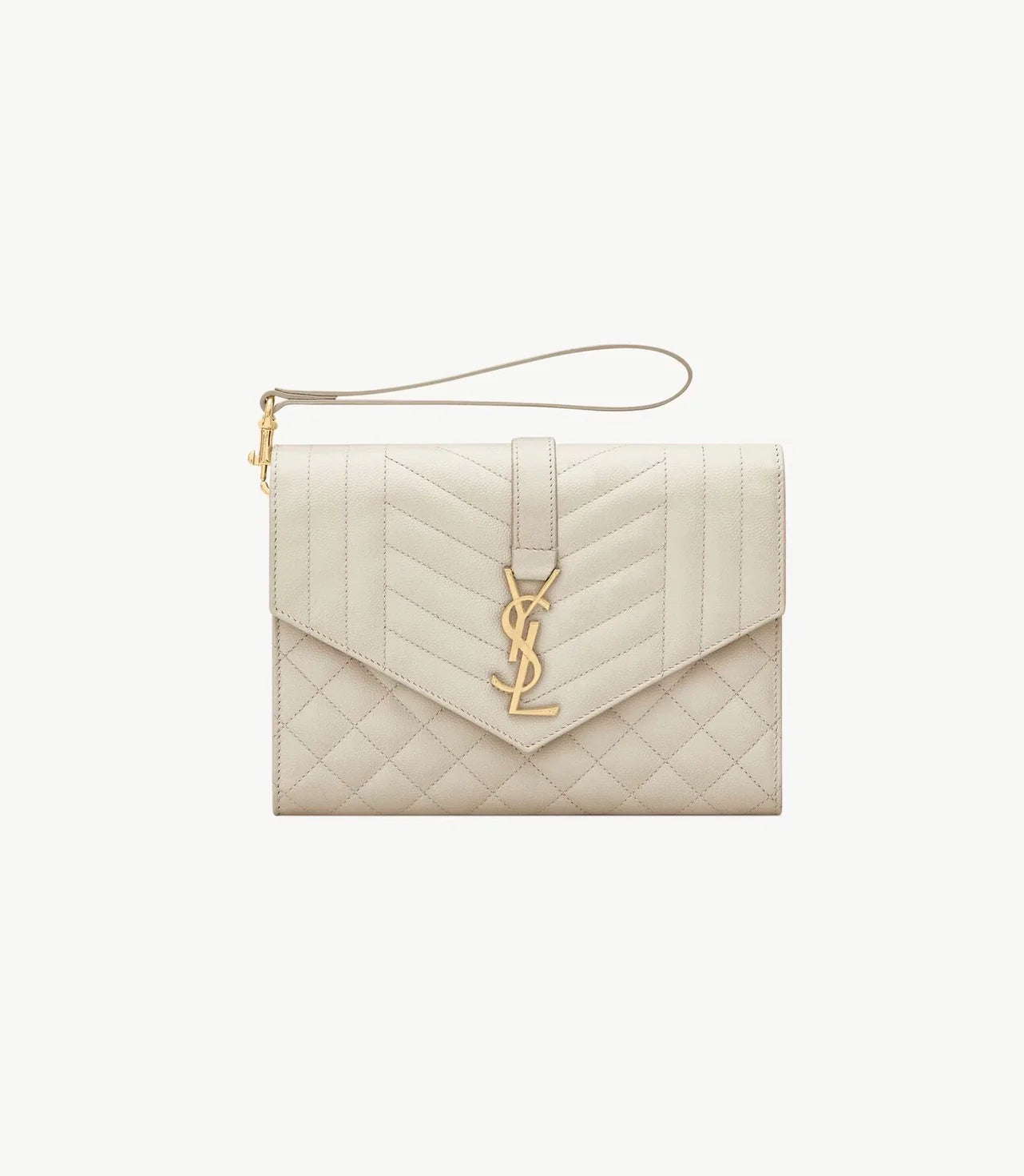 Envelope Flap Pouch in Mix Matelassé Grain de Poudre Leather Blanc Vintage by YSL available for hire in Camp Hill, QLD