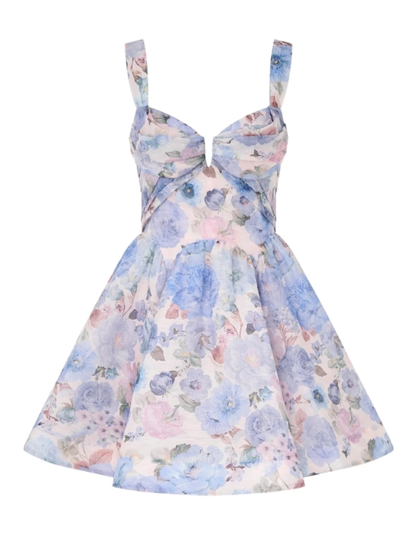Rebellion Drape Mini Dress in Sky Bloom by Zimmermann available for hire in Camp Hill, QLD