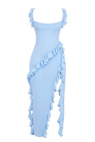 ARIELA Soft Blue Ruffle Maxi Dress by House of CB available for hire in Barrack Point, NSW