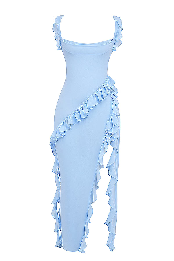 ARIELA Soft Blue Ruffle Maxi Dress by House of CB available for hire in Barrack Point, NSW