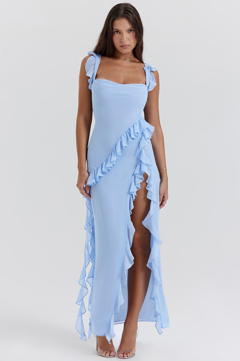 ARIELA Soft Blue Ruffle Maxi Dress by House of CB available for hire in Barrack Point, NSW