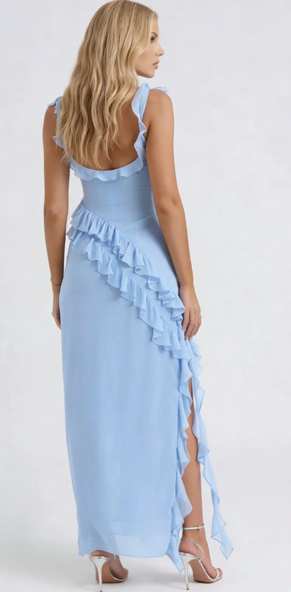 ARIELA Soft Blue Ruffle Maxi Dress by House of CB available for hire in Barrack Point, NSW