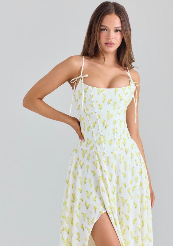 YVETTE' LEMON FLORAL PRINT GEORGETTE MIDI DRESS by House of CB available for hire in Barrack Point, NSW