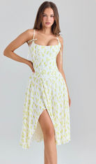 YVETTE' LEMON FLORAL PRINT GEORGETTE MIDI DRESS by House of CB available for hire in Barrack Point, NSW