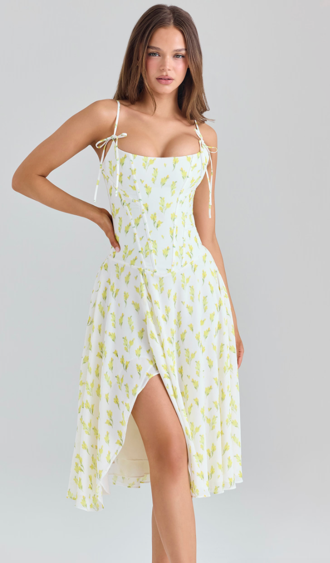 YVETTE' LEMON FLORAL PRINT GEORGETTE MIDI DRESS by House of CB available for hire in Barrack Point, NSW